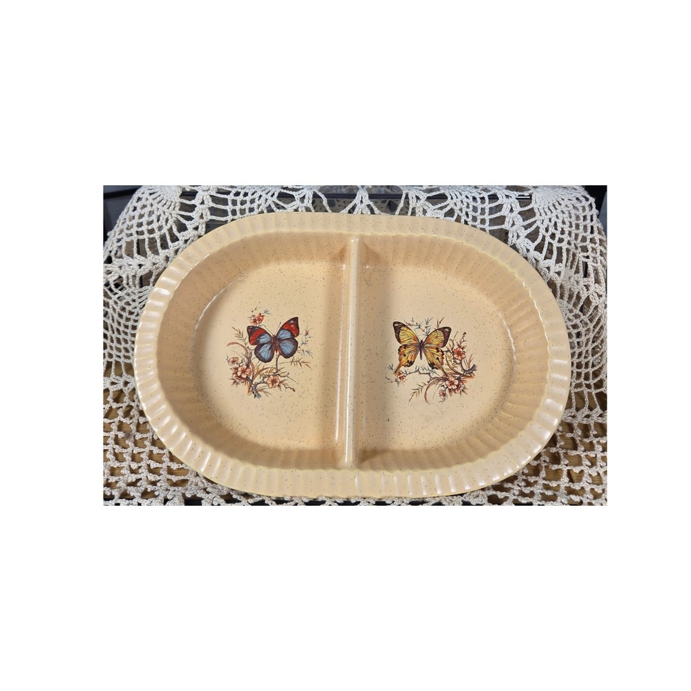 Vintage Cottagecore Butterfly Speckled Ceramic Serving Platter Cream Large